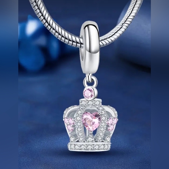 Elegant .925 Silver Plated Crown Charm Pendant with Pink Accents - Picture 2 of 5